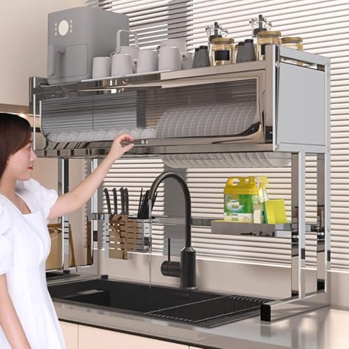 Escurreplatos multifuncional de acero inoxidable para fregadero de cocina, ahorro de espacio, escurridor de platos y almacenamiento para encimera, 65 cm, ideal para muebles del hogar