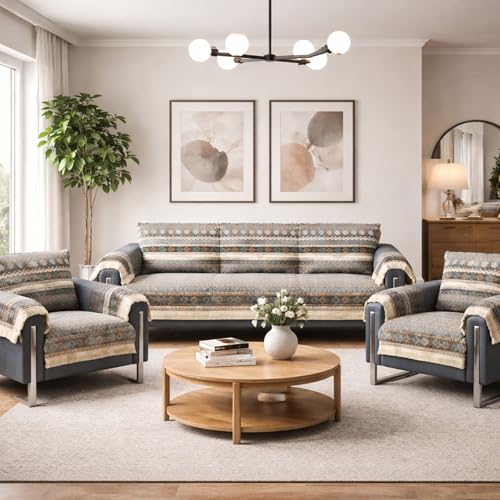 Image of Elegant Woven Grey Sofa Cover - Soft Chenille Traditional Pattern with Lace Style | L-Shape Sectional Seat Protector for Living Room | Durable & Stylish Slipcover 5 Seater with Arms