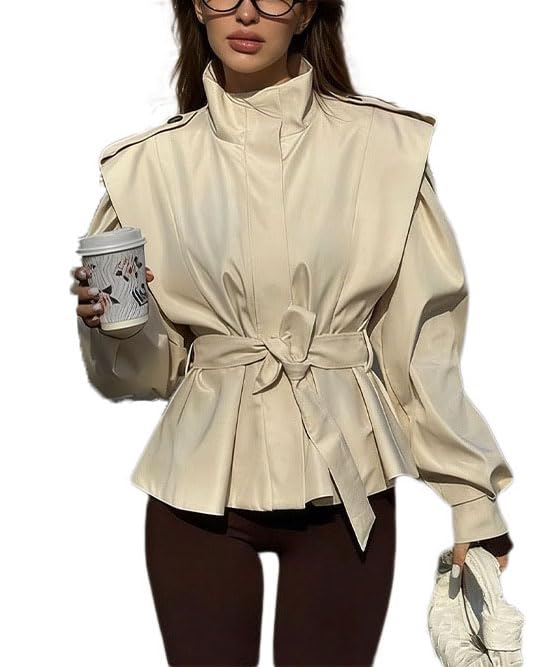 THLAI Women's Peplum Belted Leather Jacket