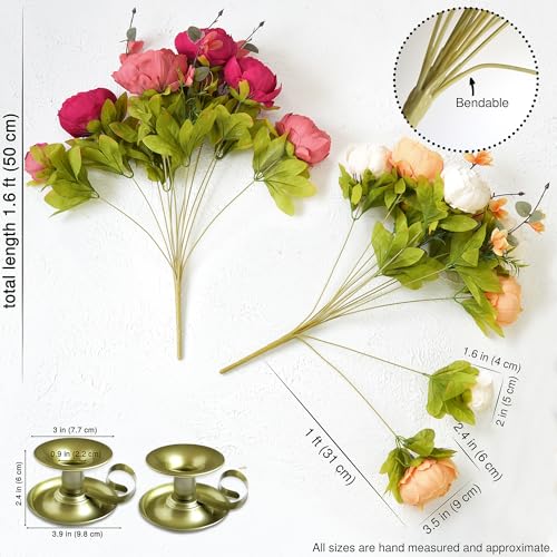 Image of FiveSeasonStuff Sunset Whisper Artificial Peony & Hydrangea Bouquets, 2 Silk Flower Bundles with 2 Gold Taper Candle Holders, Cream Apricot & Berry Red Centerpiece for Home & Wedding Tables