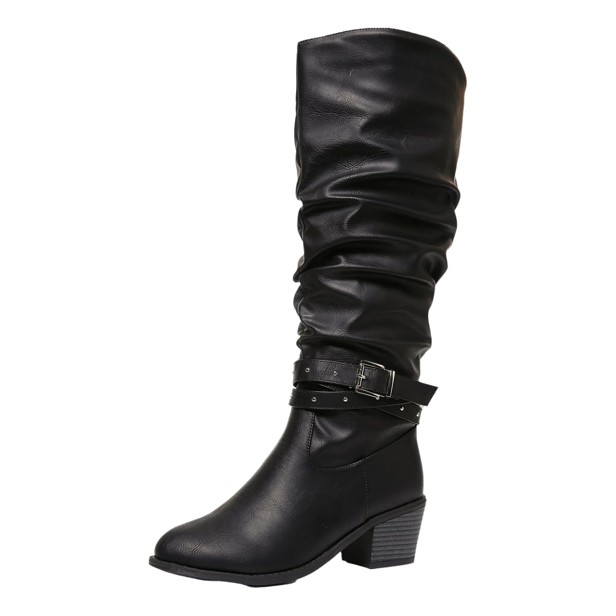 Womens Slouchy Mid-Calf Boots - Chunky Heel Fall 2024 Boots with Locking Straps Stylish Brown Casual Design