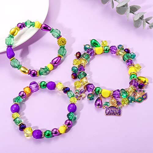 3PCS Mardi Gras Bracelets for Women Glitter Fleur De Lis Mask Jester Hat Charm Bracelets Beaded Stretch Bracelet Set for Carnival Parade Outfits Mardi Gras Accessory3