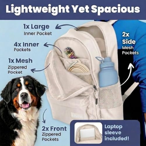 Image of Dog Travel Bag for Supplies - Complete Dog Diaper Bag Backpack with 2 BPA-Free Travel Bowls, Treat Pouch, Food Container, Placemat & Laptop Sleeve - for Traveling, Road Trips, Hiking: Beige