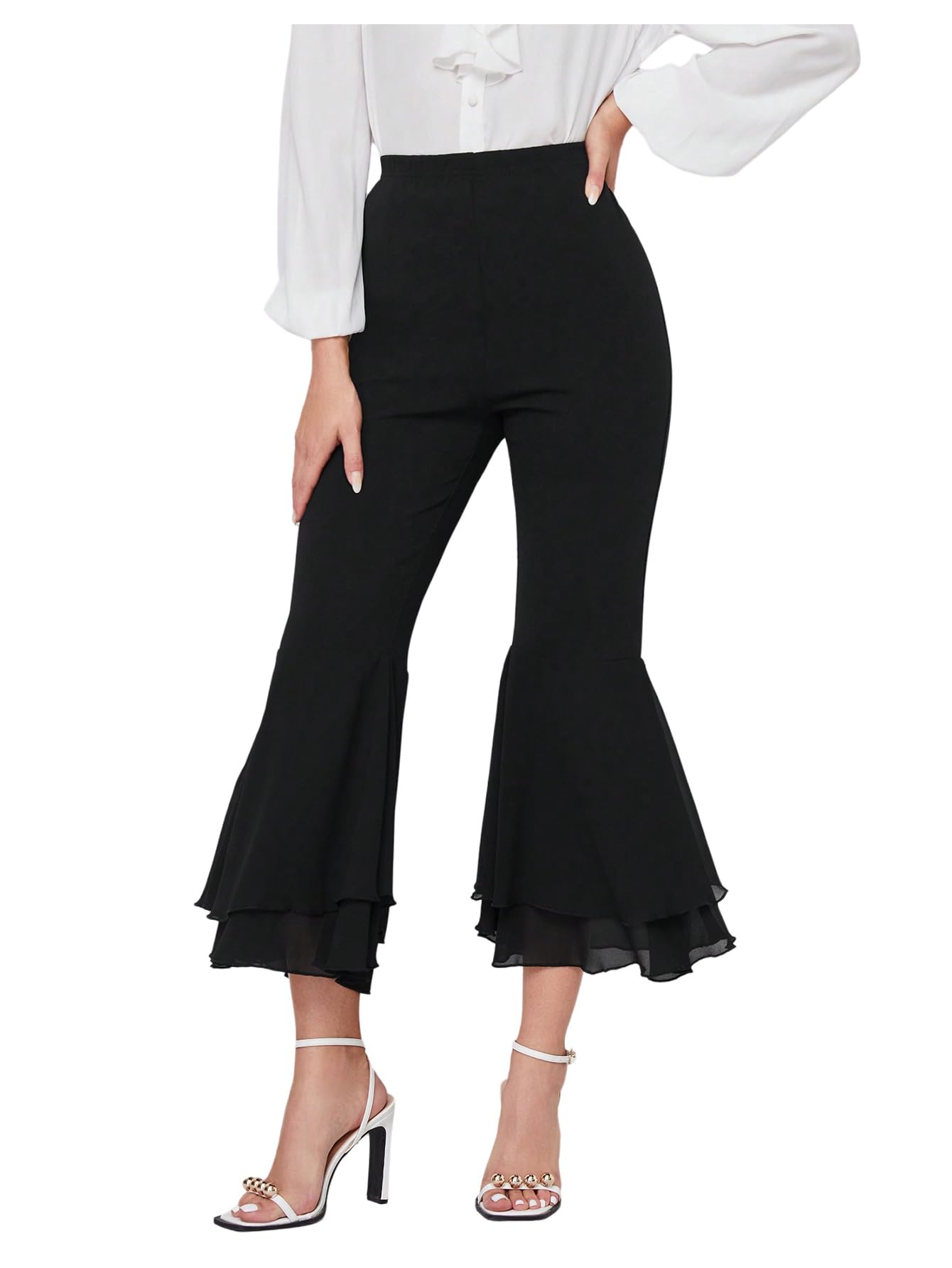 WDIRARA Womens Layered Ruffle Flared Pants Elastic Waist Bell Bottom Cropped Pants