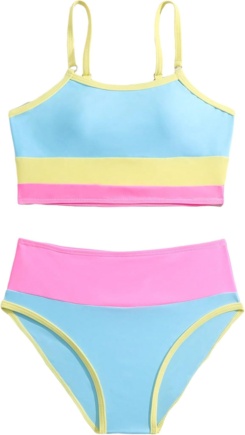 Milumia Girl's 2 Piece Color Block Swimsuits Spaghetti Strap High Waist Bikini Sets 12 Years Multicolor
