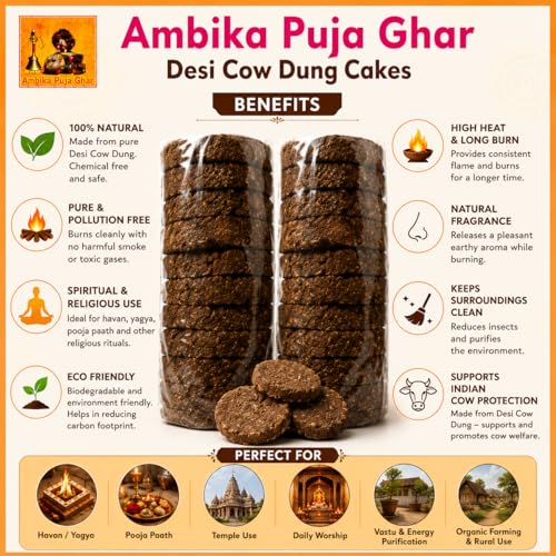 Image of Ambika Puja Ghar Pure & Original Desi Cow Dung Cake for Havan Puja Yagya | 100% Natural Organic Gobar Upla | Holy Cow Dung Cakes for Agnihotra, Homam, Religious Ceremonies (4 INCH BROWN, 24 Pieces)