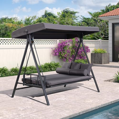 PURPLE LEAF Balancelle de Jardin 3 Places Convertible Inclinaison Toit Réglable, XL Balancelle de Jardin Hamac avec 5 Coussins, Gris