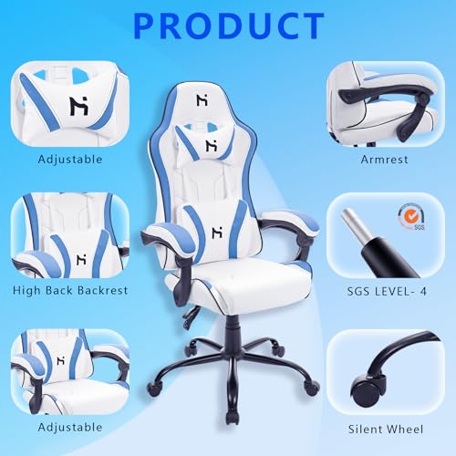 Gaming Chair, Office Chair High Back Computer Chair Leather Video Game Desk Chair Racing Executive Ergonomic Adjustable Swivel Task Chair with Headrest and Lumbar Support, White Blue - Image 5