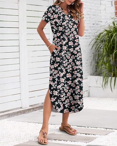 Image of MISFAY Women's Summer Maxi Dress 2026 Casual Short Sleeves V Neck Loose Sundress Split Long Beach T Shirt Dress