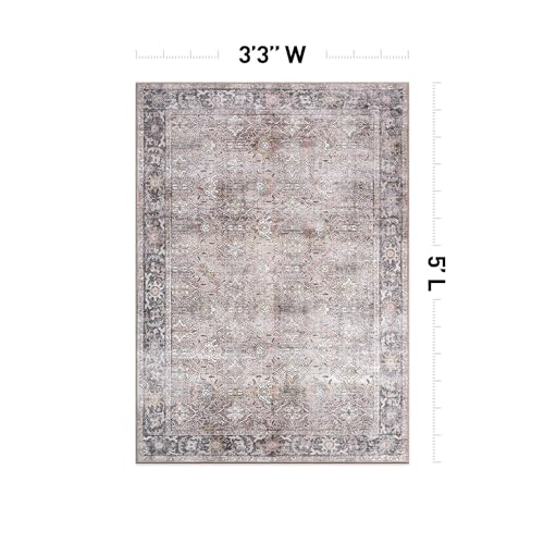 Rugshop Olive/Gray Vintage Distressed Area Rug — Machine Washable, 3'3"x5 for Living Room, Bedroom and Home Office