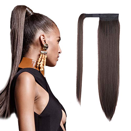 AISI QUEENS 24 inch Ponytail Extension Long Straight Wrap Around Clip in Synthetic Fiber Hair for Women (Medium Browm)