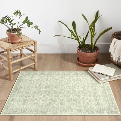 2x3 Sage Green Washable Rug Soft Area Rug for Entryway, Non-Slip Indoor Door Mat Distressed Floral Low-Pile Kitchen Rugs, Neutral Vintage Carpet for Entrance Kitchen Bedside Farmhouse