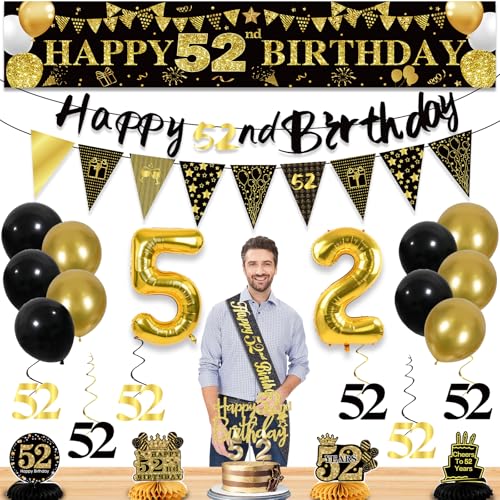 Image of 52nd Birthday Decorations for Men, Black Gold 52nd Party Decoration Kits | 27pcs Happy 52nd Birthday Set, Banner, Honeycomb, Balloons, Gold Number, Candle, Hanging Swirls, Cake Topper, Party Supplies