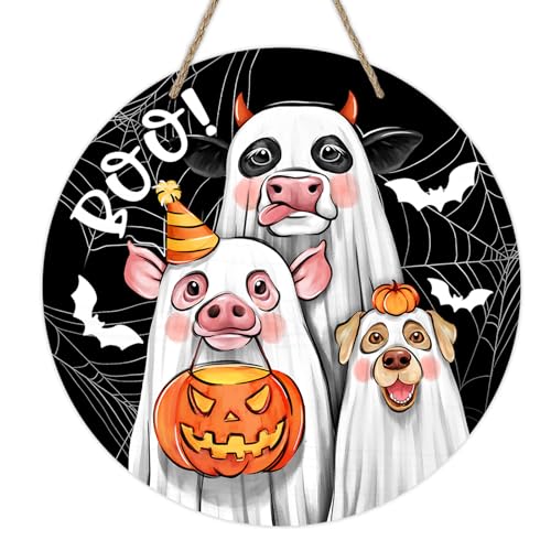 Deroro DERO-355 Halloween Cow Pig Dog Ghost Boo Front Door Sign, Spooky Farm Animal Wood Door Hanger Outdoor Outside Porch Decor, Jack O Lantern Pumpkin Farmhouse Wooden Wreath Indoor Wall Hanging Decoration cover