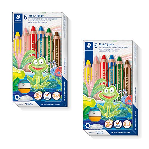 Staedtler 140 C6 2 3in1 Buntstift Noris junior (Bunt-, Wachsmal- und Aquarellstift, extra bruchsicher, ideal für Kinder, für viele Oberflächen, Kartonetui mit 6 Farben inkl. Spitzer, Doppelpack)