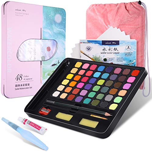 juehu 48 Colors Set de Acuarelas Juego de Pincel de Acuarela Set,Kit de Viaje de Pintura de Acuarela s�lida port�til,para Acuarelas para Principiantes y Profesionales Estudiantes y Ni�os