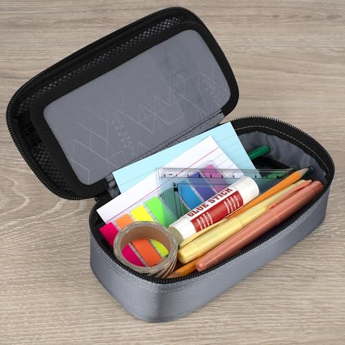 Image of Five Star Pencil Pouch Zipper High-Capacity Storage Organizer Case for Office Supplies Earbuds Chargers Cables Makeup, Grey /Teal (500212B)