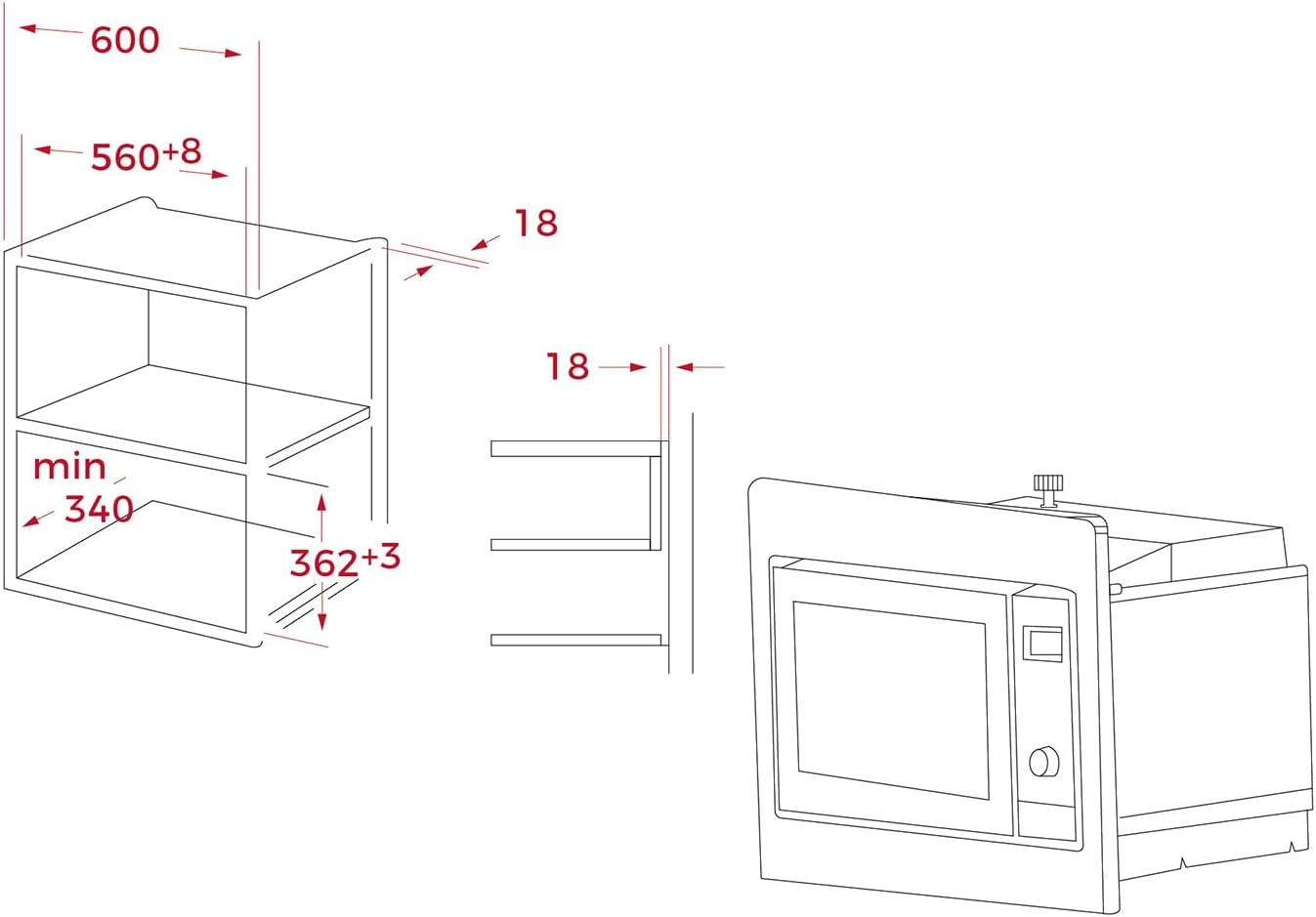 Installation diagram for Teka MWE 201 FI microwave, showing horizontal cabinet dimensions