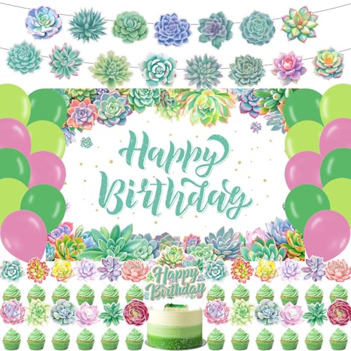 59 Pcs Succulent Plants Birthday Party Supplies, Succulent Themed Party Decoration Plants Backdrop Balloons Cake Cupcake Topper for Succulent Plants Themed Party Decor
