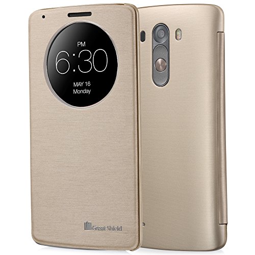 LG G3 Quick Circle Case, GreatShield Shift LX Slim Leather Flip Case View Window Cover with Sleep/Wake Function for LG Optimus G3 (Shiny Gold)
