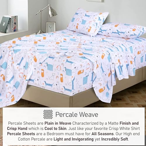 RUVANTI 100% Cotton Full Size Bed Sheets, 4 Pieces, Soft & Breathable Percale Weave Bedding, Deep Pocket 16", Hotel Standard, Crisp Cool Feel, Durable, Perfect Sheet Set Floral, Puppy Me