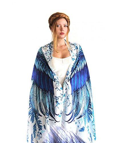 Pure Silk Wearable Artistic Hand Painted Bird Wing Feather Scarf (Blue Wings)2