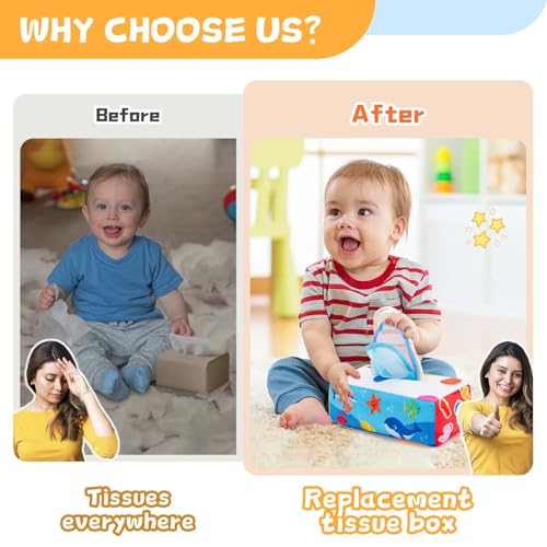 Baby Tissue Box Toy Montessori Baby Toys for Infant 0 1 2 3 4 5 6 7 8 9 Months Sensory and Crinkle Tissue Box Toy for Boys&Girls Toddler Early Learning Gifts