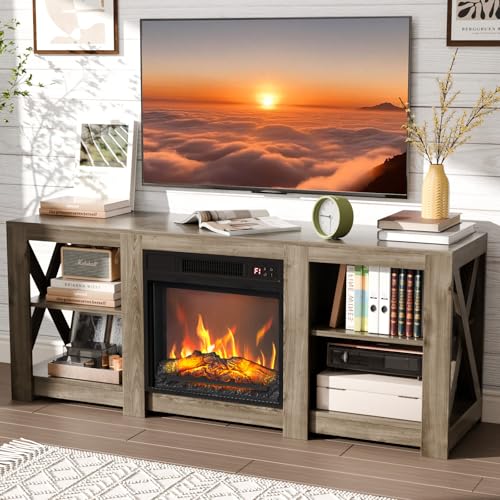 VINGLI Fireplace TV Stand for up to 70 inch TVs, Farmhouse Entertainment Center with Electric Fireplace Heater & Adjustable Shelves, Fireplace Media Console Table for Living Room, Gray Oak