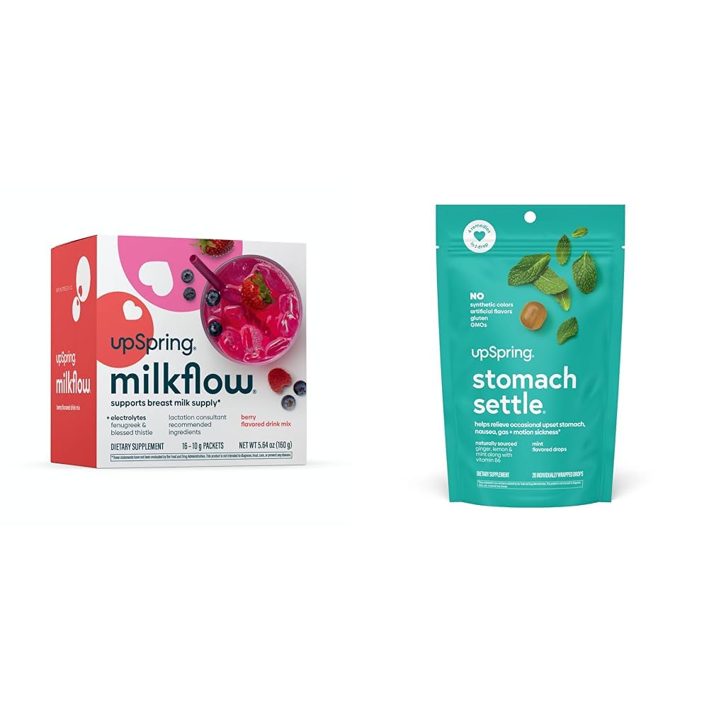 UpSpring Milkflow Electrolyte Breastfeeding Supplement Drink Mix with Fenugreek Stomach Settle Drops for Occasional Nausea Relief/Upset Stomach with Ginger, Lemon, Spearmint, and B6.