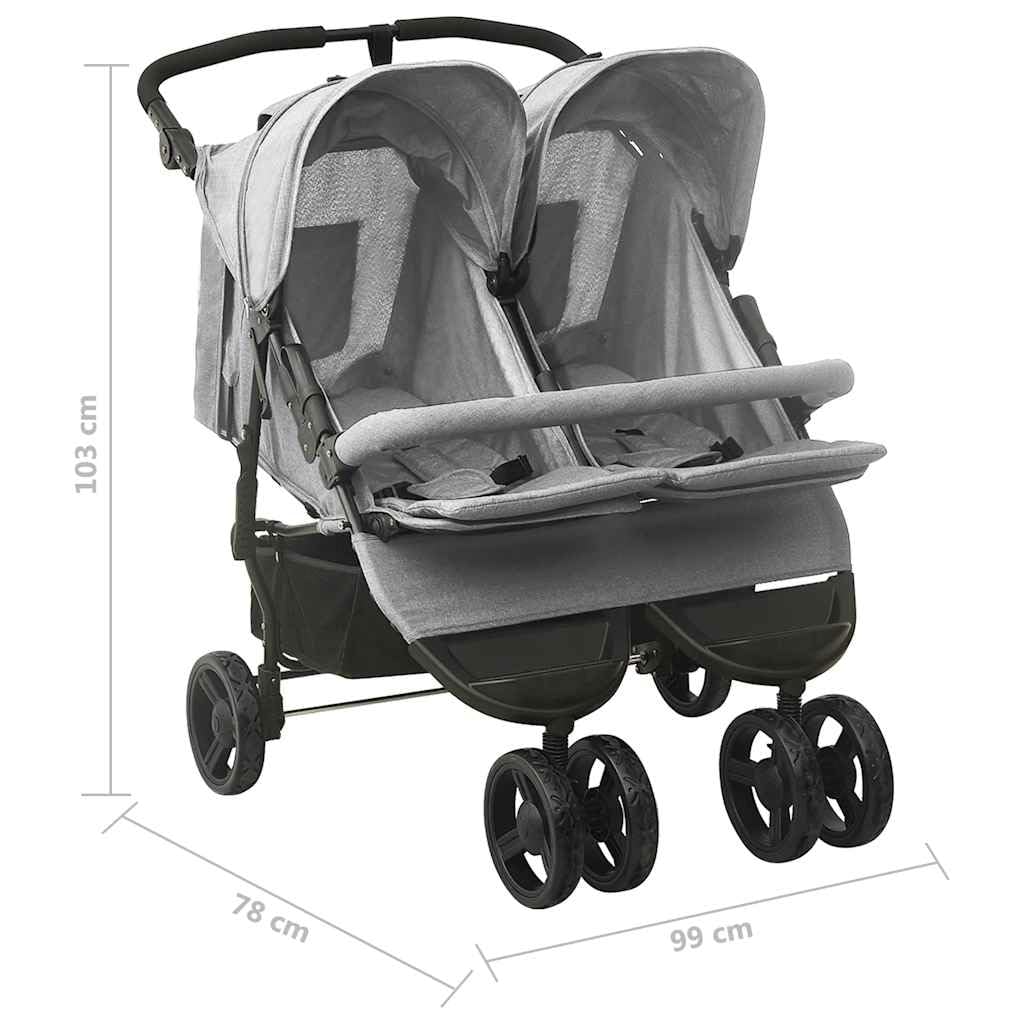 vidaXL Passeggino Gemellare Grigio Chiaro in Acciaio