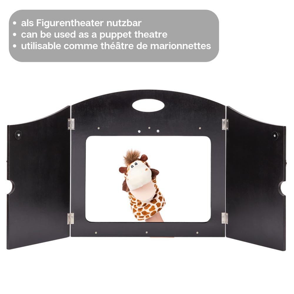 howa Kamishibai 4 en 1 Teatro de narración Teatro de Sombras Teatro Figurentheater Madera para tarjetas de imagen DIN A3, con adaptador para DIN A4, ranura lateral, pared trasera abierta 7504