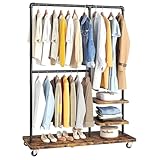 Raybee Industrial Pipe Clothes Rack Heavy Duty Clothing Racks for Hanging Clothes, 400LBS Clothes Rack with Shelves Wheels, Portable Adjustable Rolling Garment Rack for Hanging Clothes, Rustic Brown