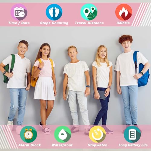 Image of Kids Led Fitness Tracker Wristwatch, Digital Step Counter Watch, Waterproof Pedometer Watch, Calendar Alarm Clock for Children Boys Girls (Pink)