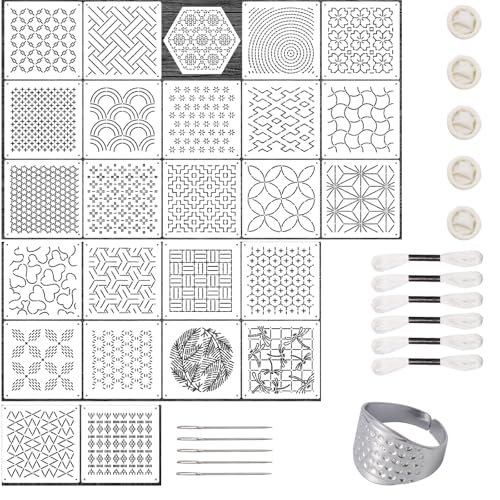 25 Pcs Plastic Sashiko Stencil Kit 4.7 x 4.7 Inch Geometric Sashiko Template Embroidery Patterns for Fabric Painting Hand Sewing Quilting Stencils with Sashiko Thimble Needles Thread Set