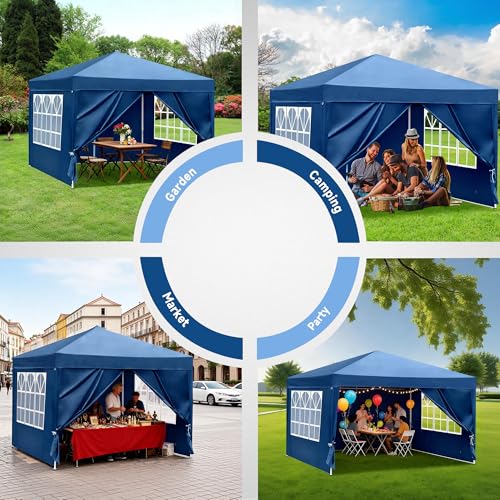 Image of 10X10FT Pop Up Party Tent, Outdoor Heavy Duty Party Tent with 4 Removable Sidewalls and Carrying Bag, Portable Gazebos Shelter Sun Shade for Events, Party, Wedding, BBQ, Backyard, Blue