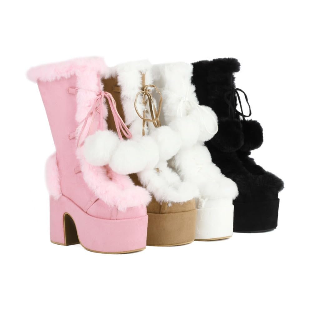 Rave Fur Boots Y2K Women Platform Lolita Faux Furry Fluffy Fuzzy Snow Winter Boots Slip on Booties Goth
