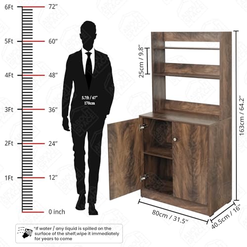 Image of ABOUT SPACE 5 Tier Kitchen Organizer Rack - 5.5 ft Wooden Kitchen Cabinet with 3 Open Shelves & 2 Storage Rack with Door, Easy to Assemble for Home Living Room (Walnut - L 80 x B 40.5 x H 163 cm)