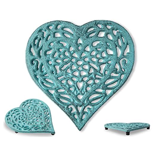 Tripé de coração de ferro fundido | Tripé decorativo de ferro fundido para bancada de cozinha ou mesa de jantar | Design vintage | 16,75 x 16,5 | com pinos de borracha/pés - metal reciclado | Cor azul