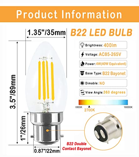 Lamsky 4W B22 Bayonet Led Filament Candle Light Bulb,2700K Warm White 400Lm,C35 Shape Bullet Top,40W Incandescent Equivalent,Non-Dimmable,4 Pack #TOP1
