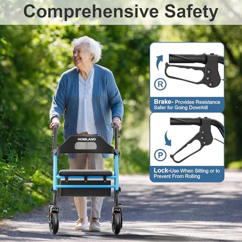 Image of HOMLAND Foldable Rollator Walker with Seat for Seniors, 16 inch Enlarged Seat | 8 inch Big Wheels, 16 inchx12 inchx1.9 inch Thick Padded Seat, Adjustable Seat & Handle Height, Tool-Free Assembly, All Terrain Mobility Aid