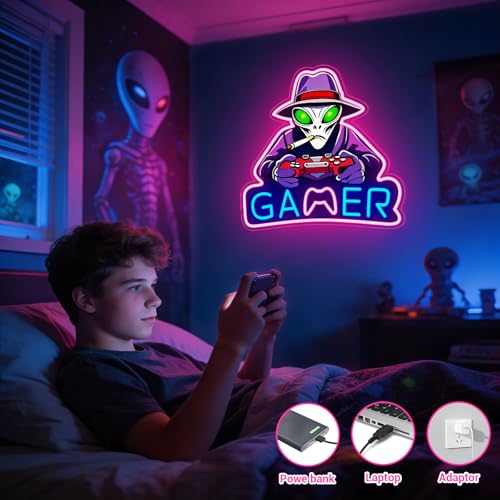 Image of Gamer Neon Sign, Gaming LED Neon Signs with UV Printed Alien for Gamer Room Decor, LED Lights for Boys Bedroom, Gaming Wall decor, Gamer Gifts for Teen Boys, Men (Alien Game)