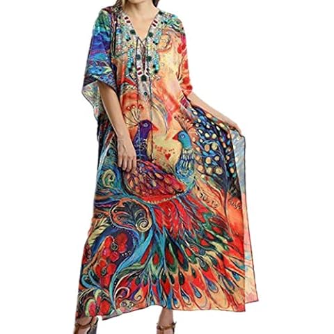 YouKD Summer Print Floral Long Kaftan Bohemian Beach Swimsuit Cover Up Plus Size Dress for Women Orange Cover