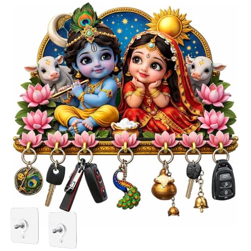 Image of Webelkart Premium Radha Krishna Wooden Key Holder for Home Decor, Wall Mount Key Hanger, Key Chain Holder for Wall, Living Room, Pooja Room