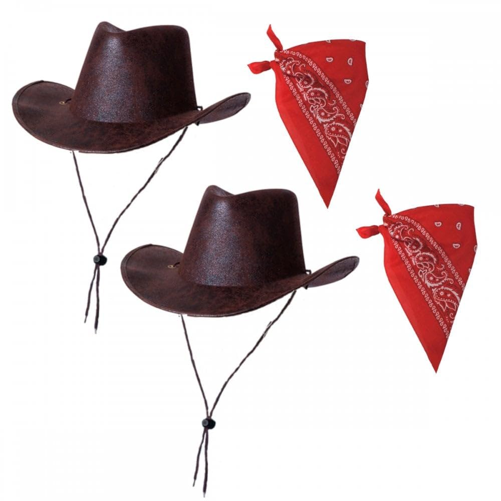 Titch & Timbo Cowboy Hats Pack of 2 Unisex Western Hats & Bandanas Texas Texan Costume Accessories for Men Women Adults Wild West Pop Tour Hen Stag Fancy Dress Party (BROWN Aged (2))