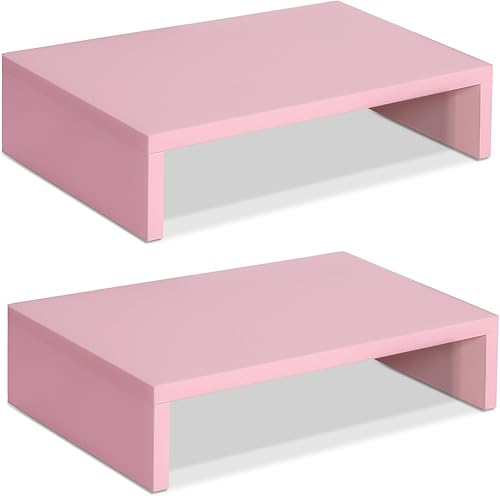 TEAMIX Soporte elevador de monitor rosa, paquete de 2 unidades, soporte de monitor ajustable de madera de 2 niveles, elevador de monitor doble para
