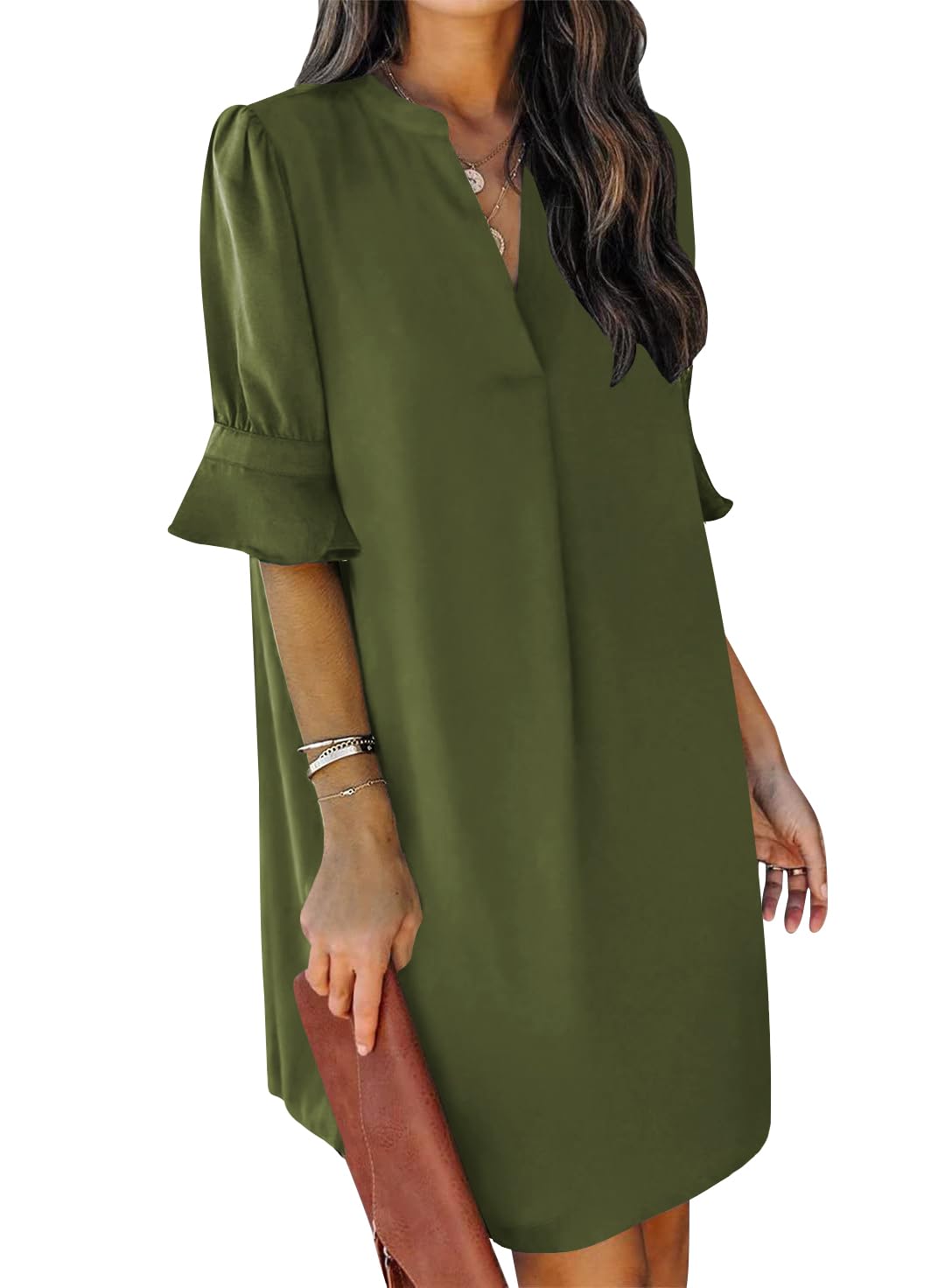 QACOHU Summer Dresses for Women V Neck Ruffle Short Sleeve Casual Shift Dress, A-Green, XXL