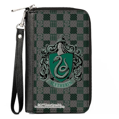 Buckle-Down The Wizarding World of Harry Potter Wallet, Zip Around, Slytherin Crest Heraldry Checkers Gray Greens, Vegan Leather