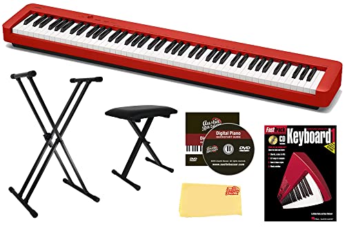 Casio CDP-S160 88-Key Compact Digital Piano - Red Bundle with Adjustable Stand, Bench, Instructional Book, Online Lessons, Austin Bazaar Instructional DVD, and Polishing Cloth