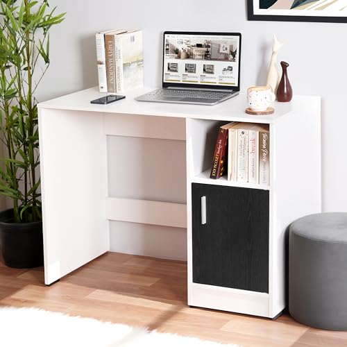 Image of ABOUT SPACE Study Table with Bottom Storage - WFH /Office Computer Table for Laptop, PC, Working, Drawing for Home Office Desk Engineering Wood(White & Black Mahogany- L 95 x B 45 x H 75 cm)