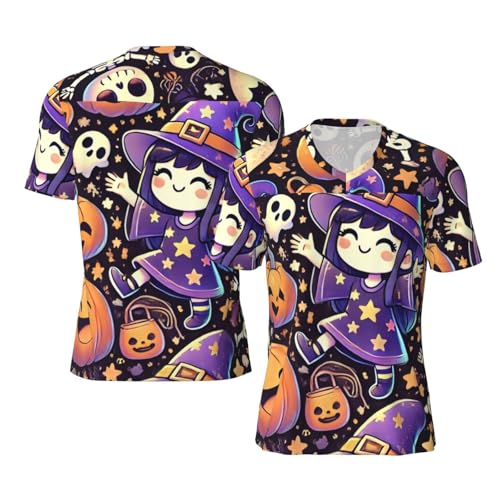 Stylish Athletic Sports Jersey Cute-Halloween-Witches-Pumpkins Men's Rugby Jersey 4X-Large